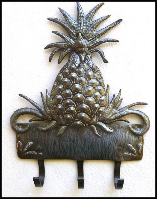 Pineapple Wall Hook - Haitian Metal Art Wall Decor - Towel Hook - 11" x 15"